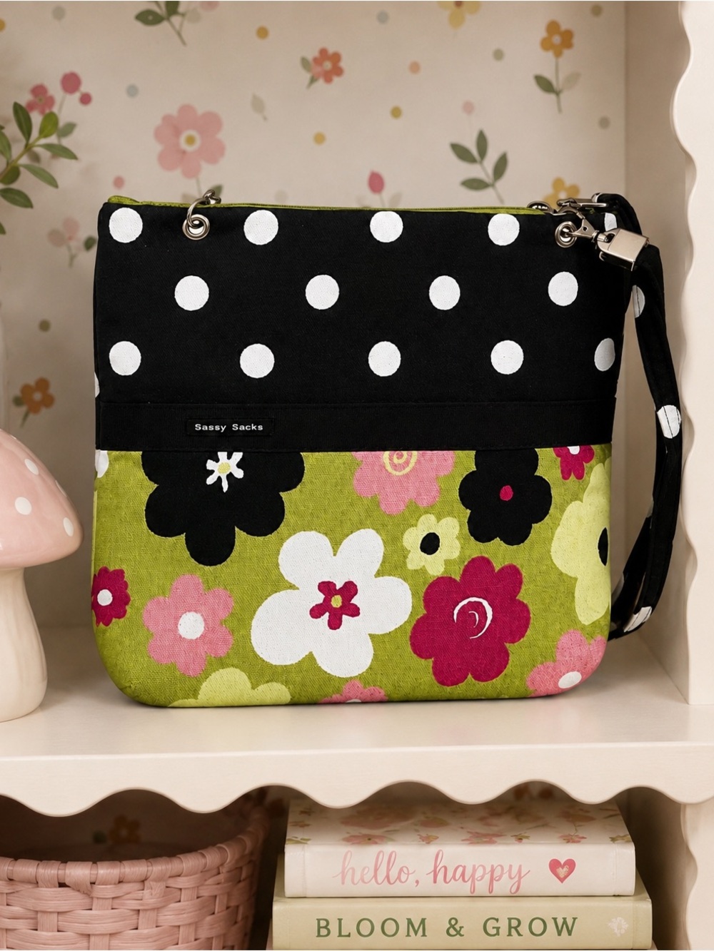 Sassy Sacks Floral & Black Polka Dot Shoulder Crossbody Bag